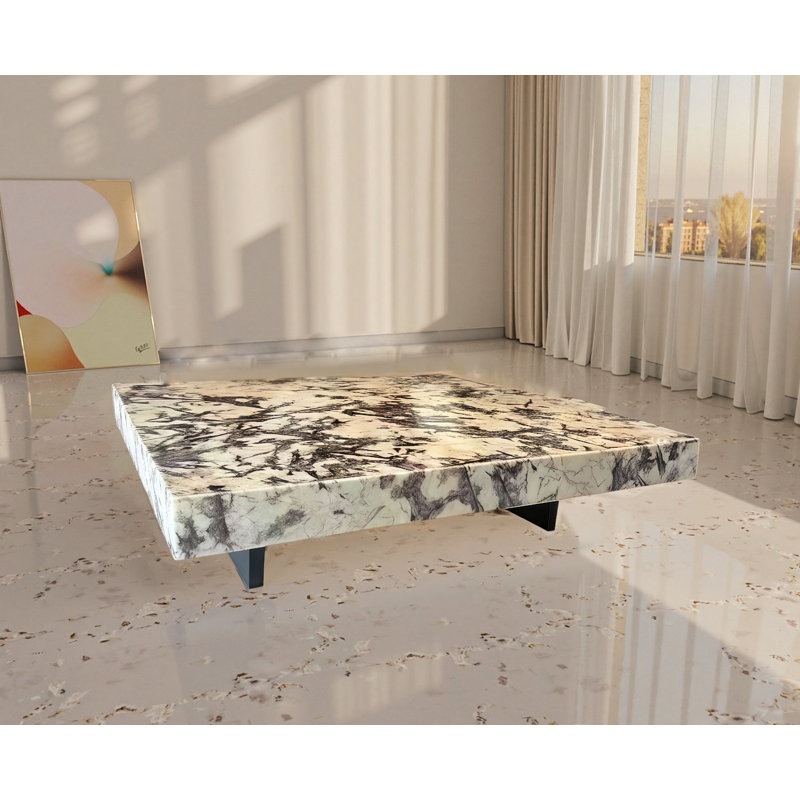 Table basse carrée moderne de 39 po avec dessus en pierre de luxe et base noire à motif géométrique Veining