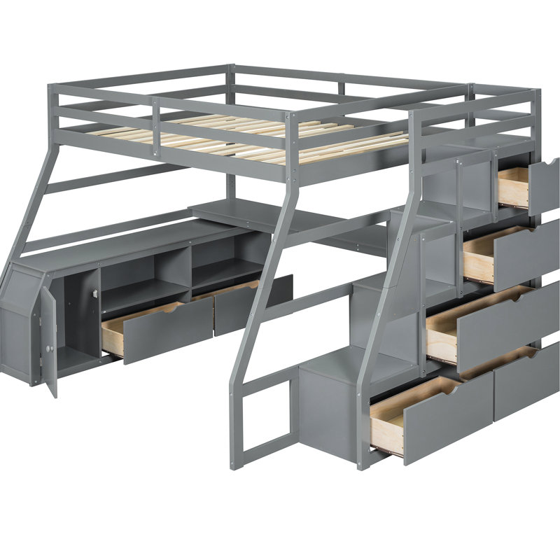 Gray Full Size Loft Bed With 7 Drawers, 2 Shelves And Desk - Construction Plywood Slats For Optimal Support In Desk, Pinewood Long Term Use