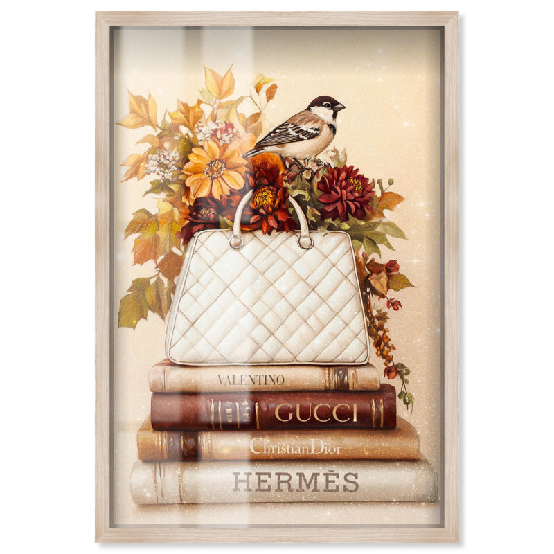 «Little Bird with Fall Flowers Glam Shadowbox Print» par Art Remedy, H 16 po x l 11 po, Crème, crème