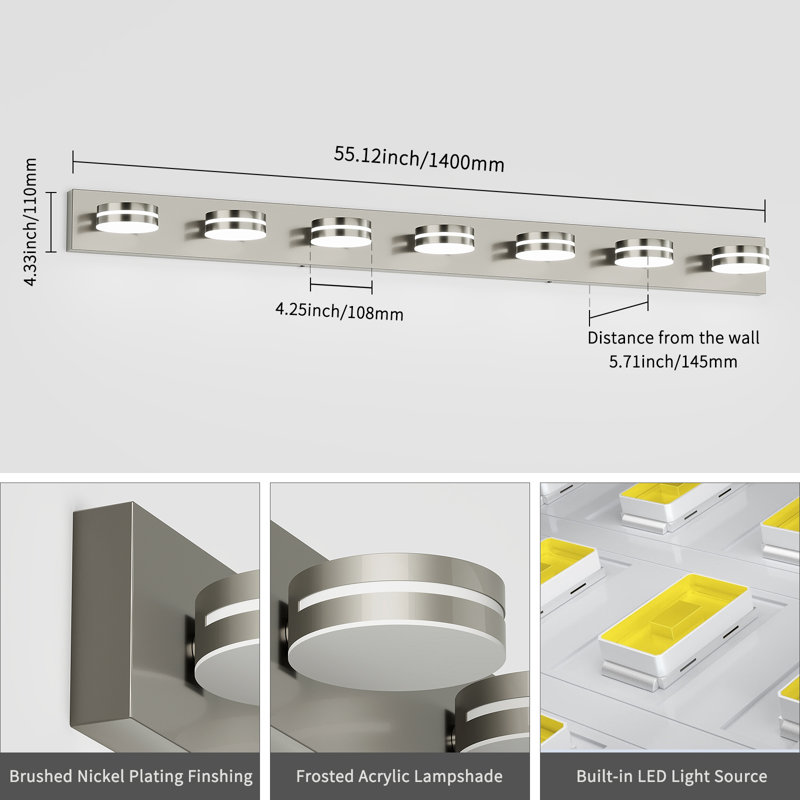 Applique murale à DEL 7 lumières en nickel brossé pour salle de bain, avec 5 couleurs de lumière sélectionnables (5 CCT) et têtes rotatives à 350°