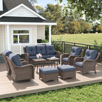  Ensemble de meubles d'extérieur 9 pièces en osier avec coussins confortables de 6 pouces, ensemble de meubles de patio à haut dossier avec chaises berçantes pivotantes et table d'appoint