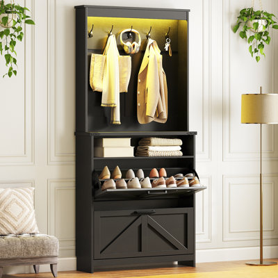 Farmhouse Shoe Storage Cabinet Hall Tree With 2 Flip Drawers And LED Light by One Allium Way