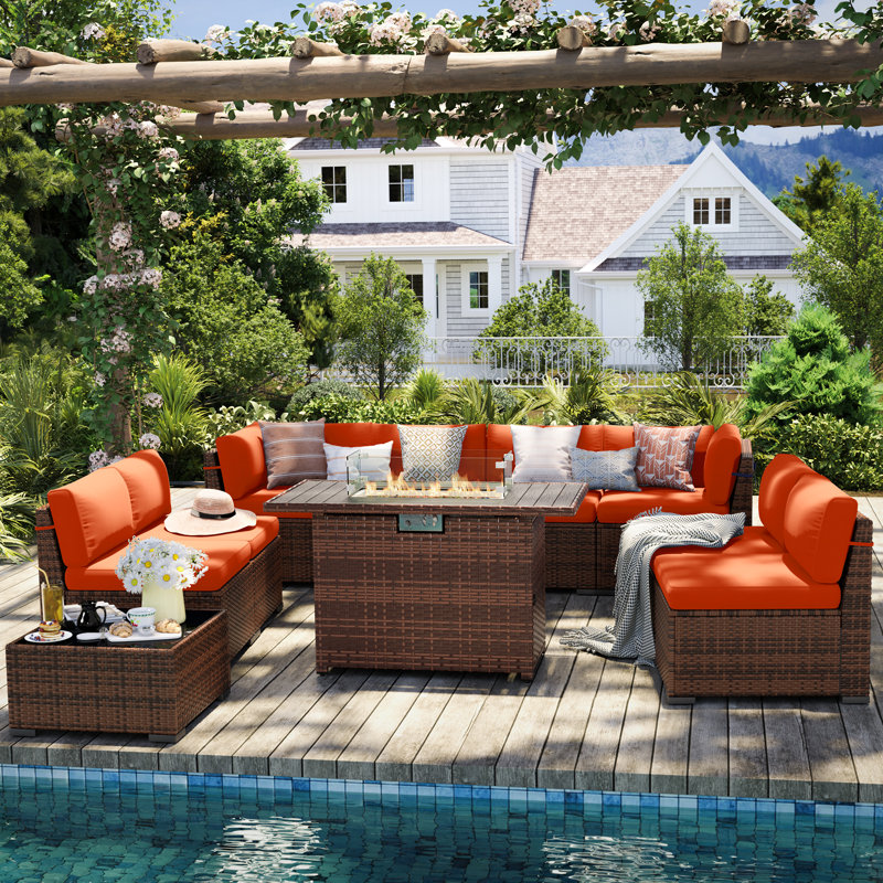 Ensemble de conversation modulaire en rotin pour 8 personnes avec coussins, Orange, Oui