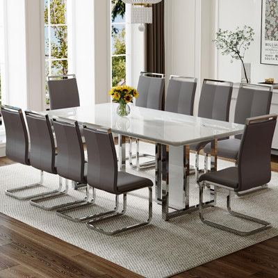 White Dining Table Set For 10, 78.7" Dining Table Set With Chrome Plate Leg, Modern Kitchen Table And Chairs Set Of 10 For Dinner Room,High Glossy,Sturdy Structure