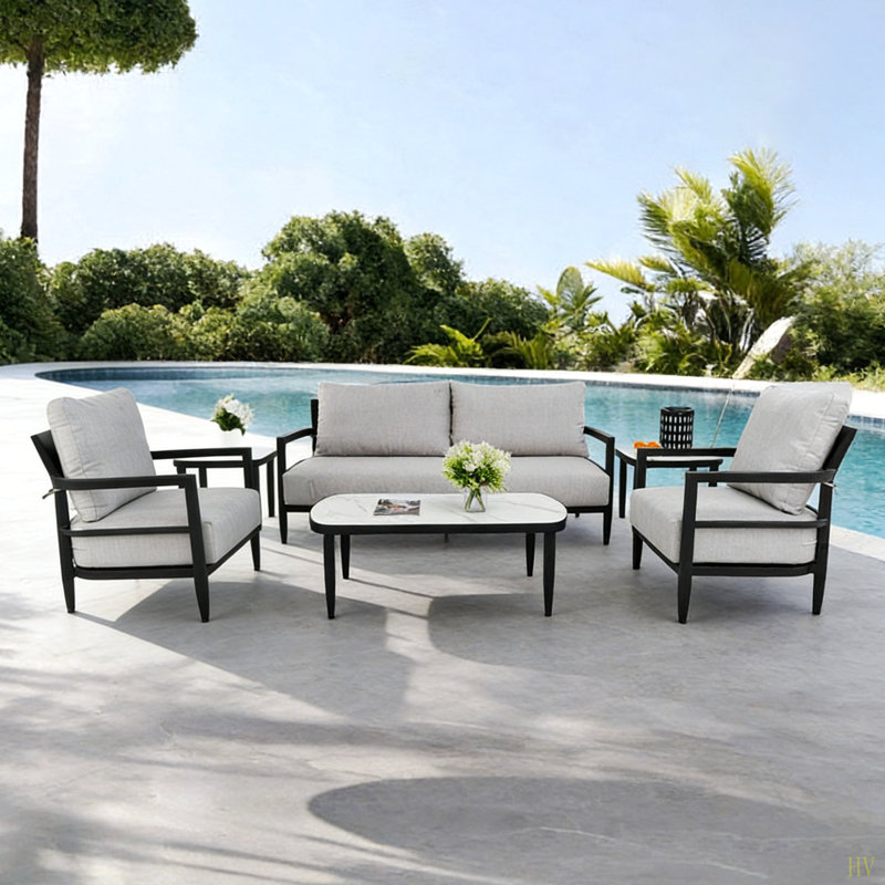Ensemble de conversation pour l'extérieur 6 pièces avec fauteuils club modernes entièrement soudés, canapé luxueux avec banc, table basse et table d'appoint en marbre fritté d'inspiration marbre, structure en aluminium antirouille et coussins Sunbrella