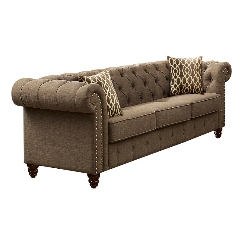 Canapé Chesterfield Carlson avec coussins décoratifs, Lin brun