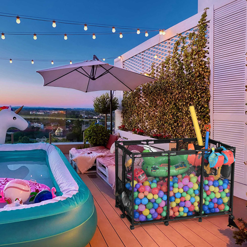 Kierah Metal Frame 10 Wheels Rolling Mesh Pool Float Storage Bin with Side Pockets Blue, Black