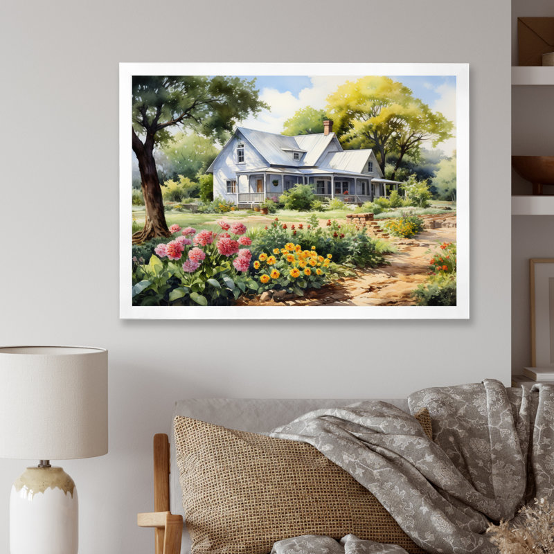 Farmhouse Frontyard Oasis I - Décoration murale de ferme, H 16 po x l 32 po x P 1 po, Cadre simple blanc