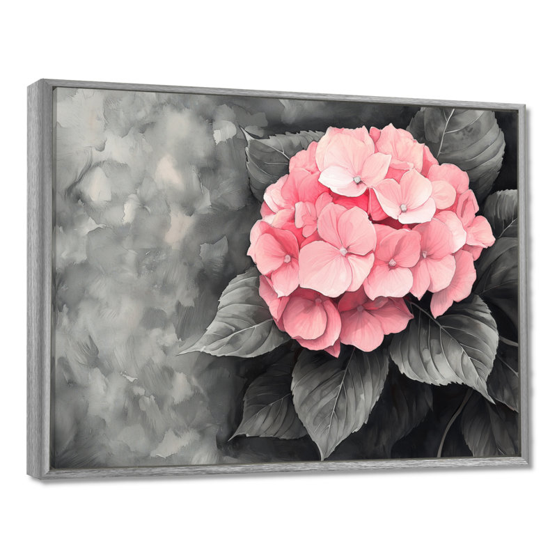 Hortensias avec une douce rose Bloom III - hydrangées, art mural, H 12 po x l 20 po, Argent argent