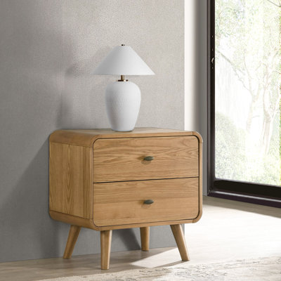 2 tables de chevet avec tiroir supérieur doublé de feutre, pieds fuselés et finition en frêne pour la décoration de la chambre à coucher, deux tiroirs, coins arrondis
