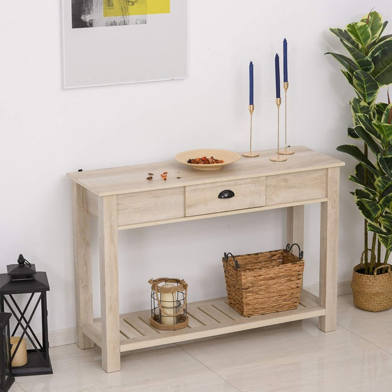 Console avec tiroir et tablette inférieure, fabrication robuste, chêne blanc