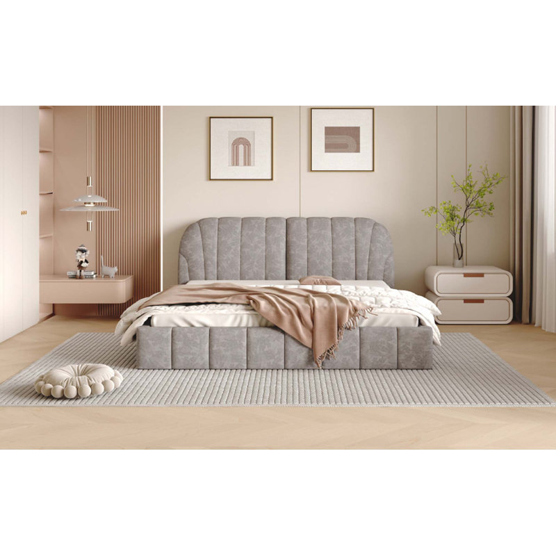 Grand lit plateforme tapissier avec tissu épais en polyester