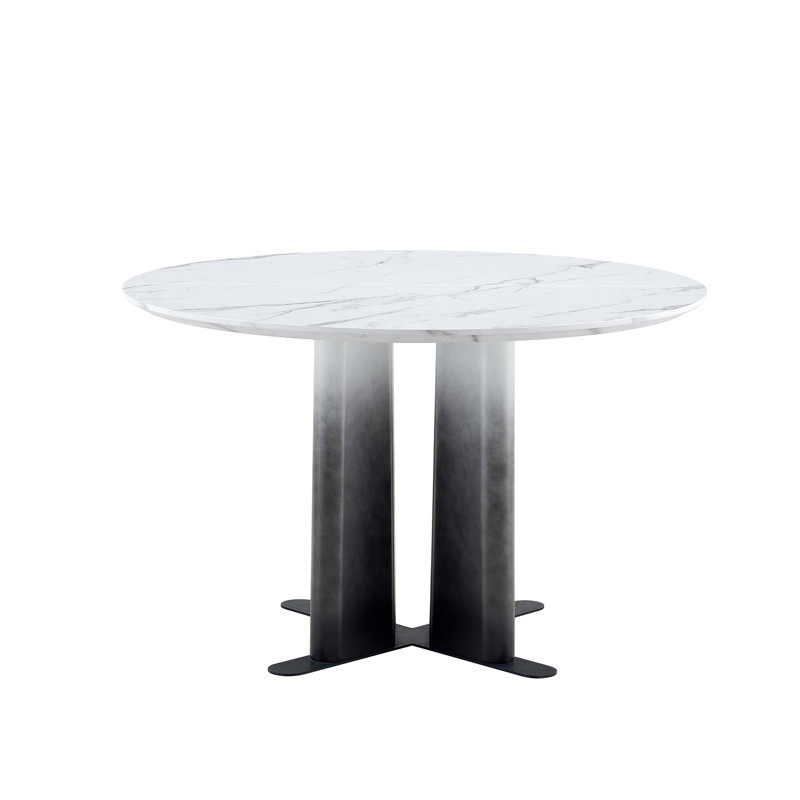 Round White Marble Pattern MDF Dining Table, Black & White Gradient Legs With Cross Base, Compact 2-4 Person Kitchen Table For Small Spaces Home Modern Dining Room Furniture