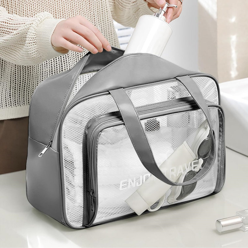 2 Pack Gray And Pink Clear Waterproof Sandproof Carry On Toiletry Bag Large Capacity Double Compartment Zipper Cosmetic Organizer Tote Bag For Travel Gym Shower Beach Outdoor Activities