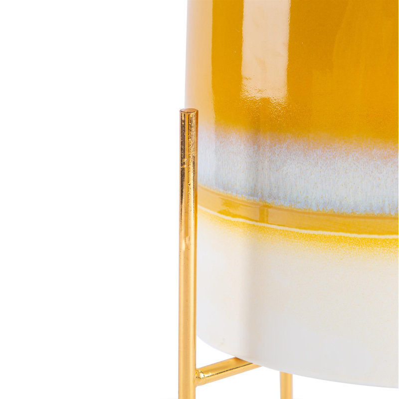 Nicola Spring - Reactive Glaze Plant Pot on Stand - 19cm, Yellow/Gold