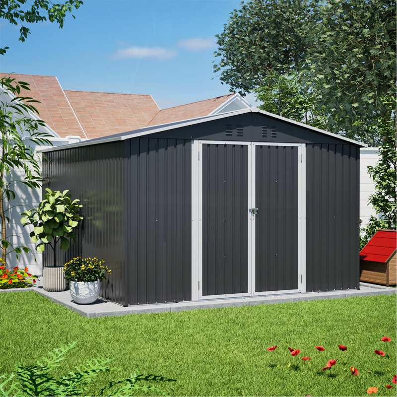 Grande remise de rangement extérieure en métal 10 pi x 10 pi - Cadre robuste et portes doubles verrouillables, remise de jardin toute saison pour la cour, la pelouse, les outils et l'équipement de patio, noir