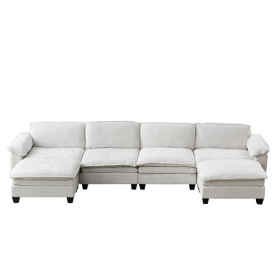 Living Room Furniture Sofa Luxury Couch Four Seater With Two Ottomans Soft Chenille Upholstered U Shape Sofa Beige