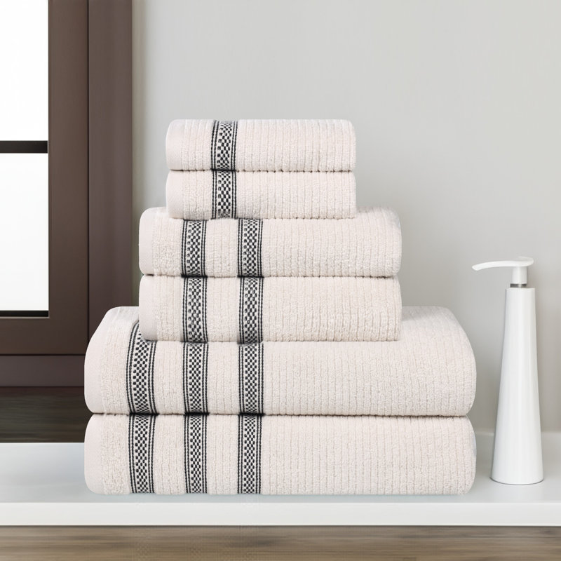 Ilseruth Zero Twist Cotton Ribbed Modern Geometric Border Soft 6 Piece Bathroom Towel Set, Stone