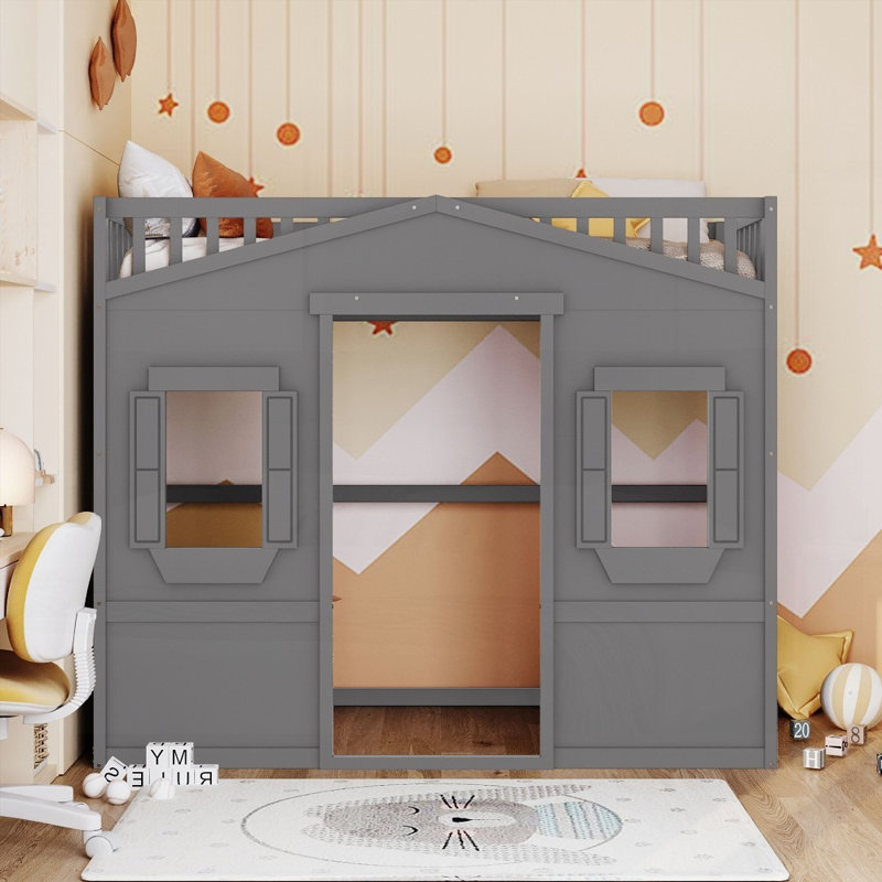 Lit mezzanine simple avec échelle - pin massif, sans sommier, longue durée, gris, Lit simple