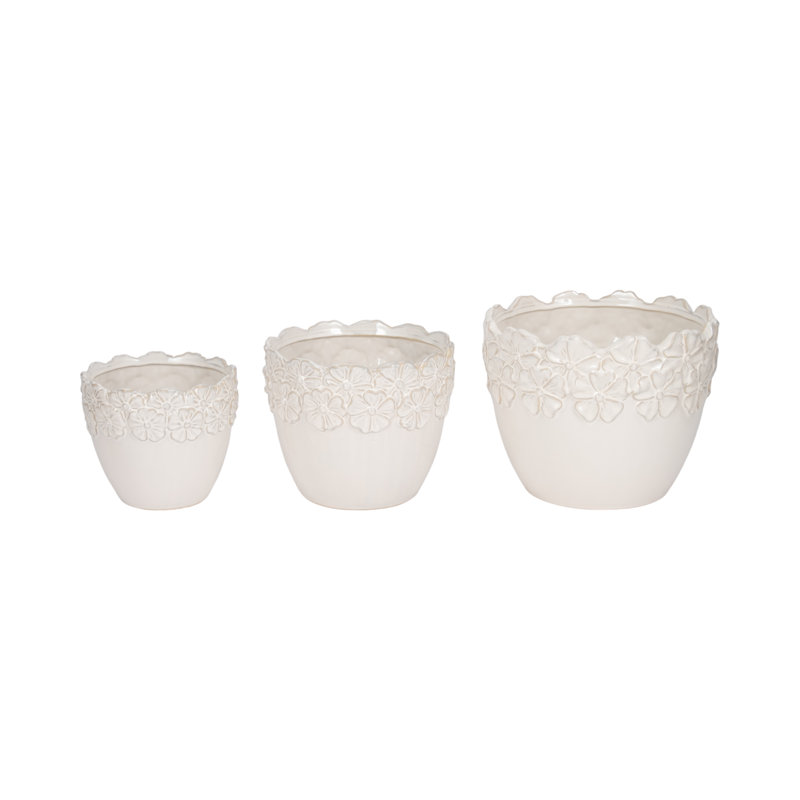 Ensemble de pots à fleurs en céramique en grès avec motif floral en relief - ensemble de 3.