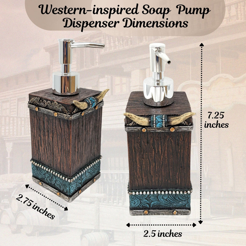 Resin Southwestern Faux Horns Soap Dispenser Tooled Leather-Inspired Soap Pump Western Bathroom Decor