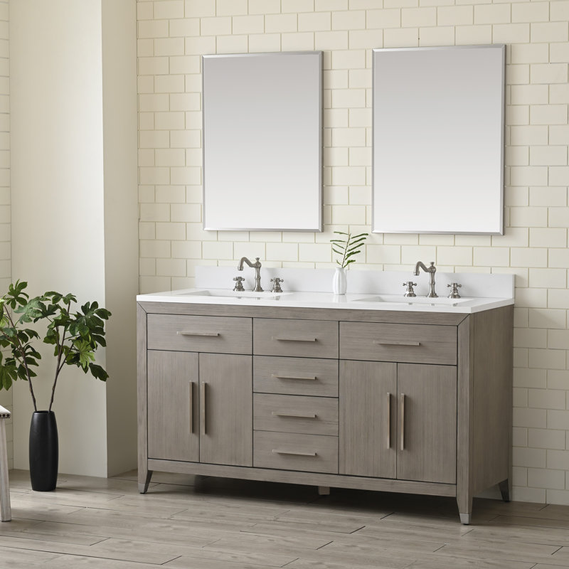 Meuble-lavabo double autoportant de 60 po avec plateau en pierre d'ingénierie Maddison, Chêne brossé héritage