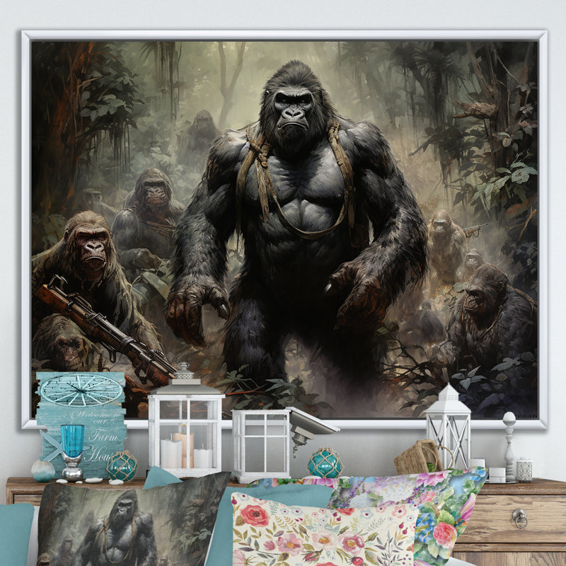 «Gorilla Soldier Jungle Journey», reproduction sur toile, Cadre flottant blanc, H 16 po x l 32 po x P 1 po