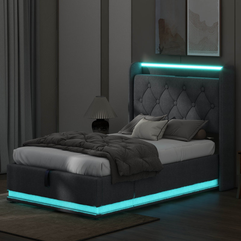 Upholstered Bed, 360 Surround LED Function, Buttons/Apps/Remote Control, Hydraulic Storage Bed With USB Type-C Charging, Gray