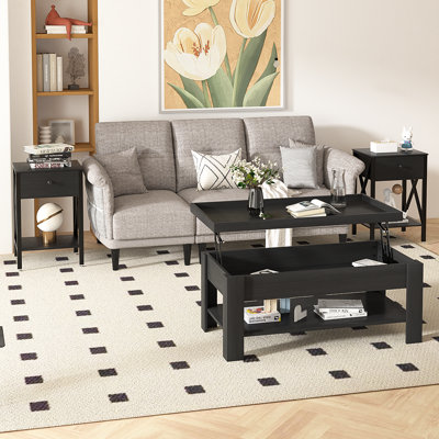 Berardina 3 - Piece Living Room Furniture Set, Modern Brown Lift-Top Coffee Table with Hidden Storage & Nightstand Set of 2 with Drawer and Open Shelf