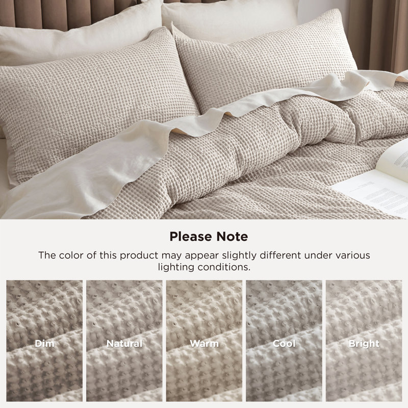  Bedsure 100% Cotton Duvet Cover Queen Size with Fitted Sheet - Waffle Weave Bedding Set （Set of 4）, Natural