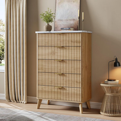 Fluted 5-Drawer Dresser – 47.2" Tall, Gold Handles, Marble Top, Natural