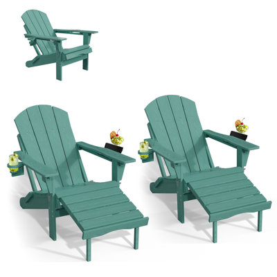 Foldable Reclining Adirondack Chairs with Ottomans, Set of 2 Adjustable HDPE Outdoor Lounge Chairs with Cup Holders