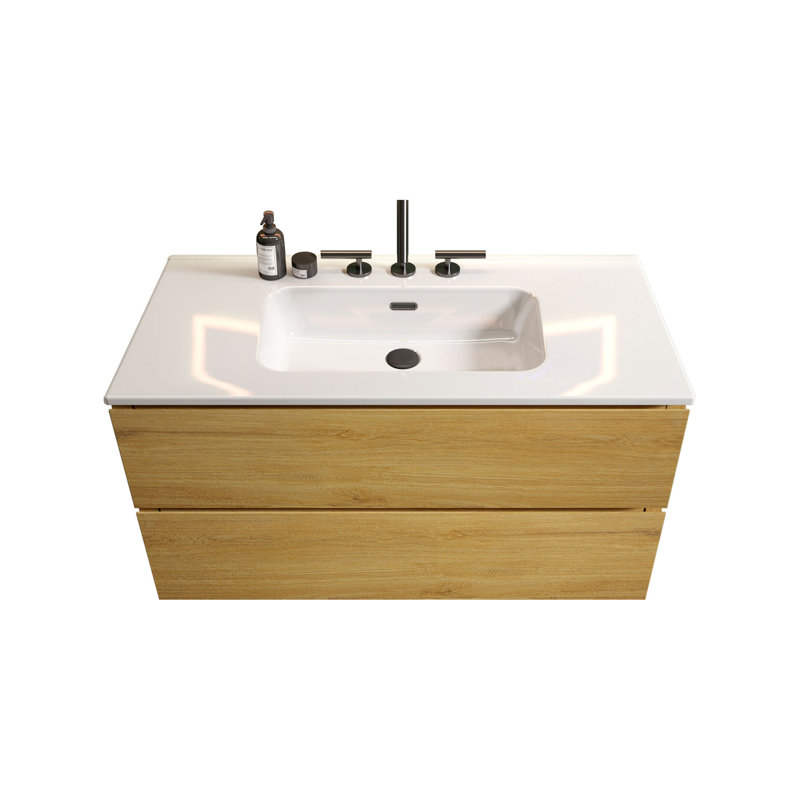 Meuble-lavabo élégant avec tiroirs à fermeture douce et conception sans poignée, Chêne