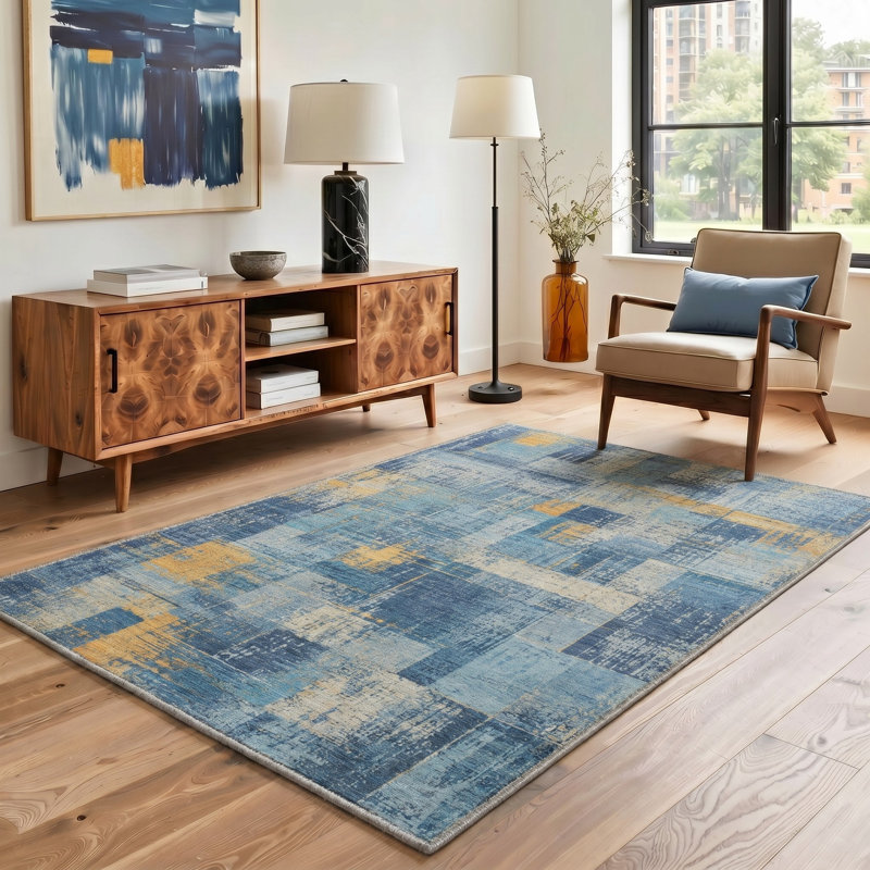 Tapis abstrait bleu / gris lavable à la machine avec envers antidérapant, Rectangle 5 pi x 7 pi