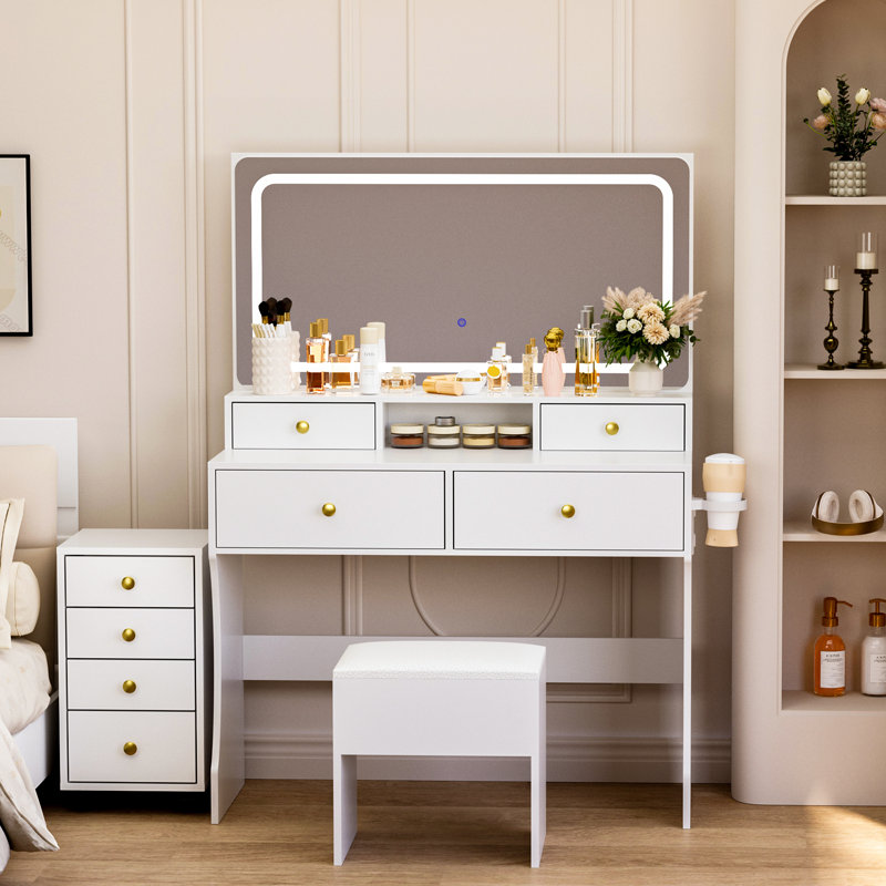 Coiffeuse 6 tiroirs avec grand miroir lumineux et tabouret de coiffeuse, support de ventilateur