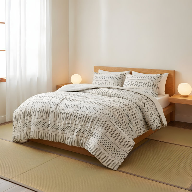 Cotton Jacquard Comforter 3 Piece Set, Queen Comforter + 2 Standard Shams, Ivory/Charcoal