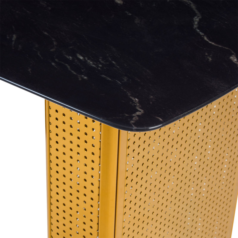 Modern-style rectangular tempered glass dining table, featuring a fashionable marble-patterned design with gold dual-pedestal metal legs, Ideal for dining rooms and Home Offices.