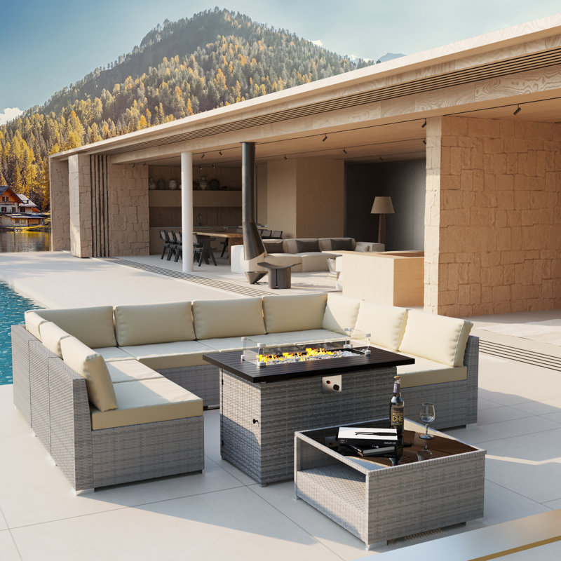 Ensemble de conversation modulaire en rotin avec coussins 10 pièces Mauitsby, Beige