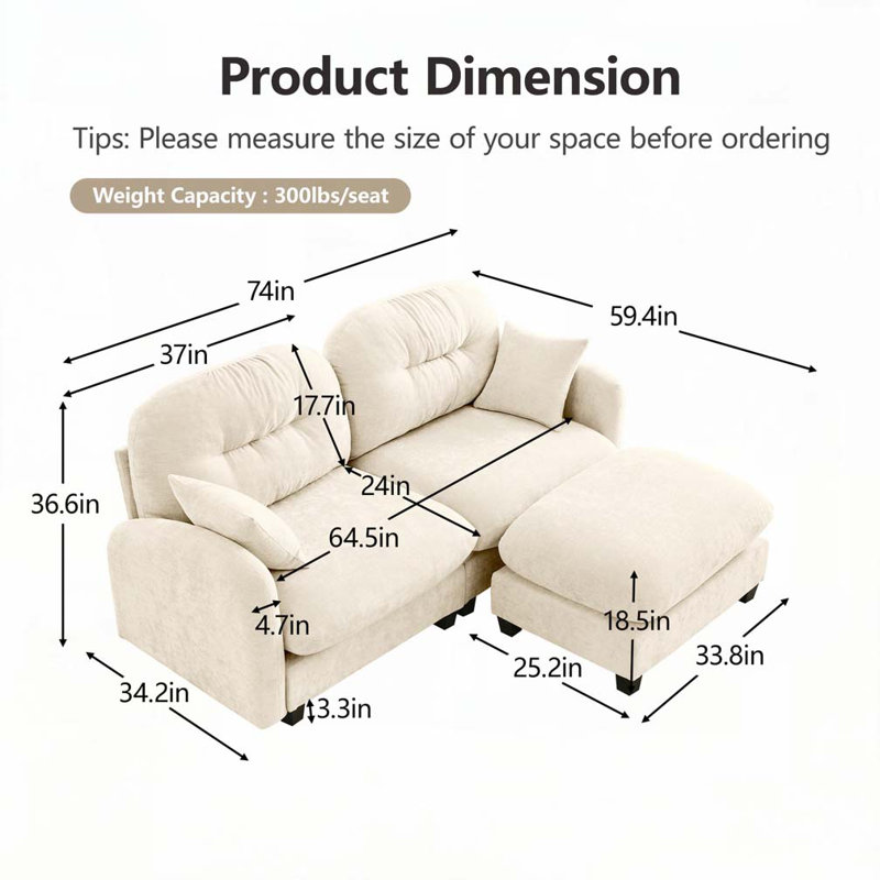 Canapé modulaire en chenille 2 places avec 2 coussins et repose-pieds, Beige