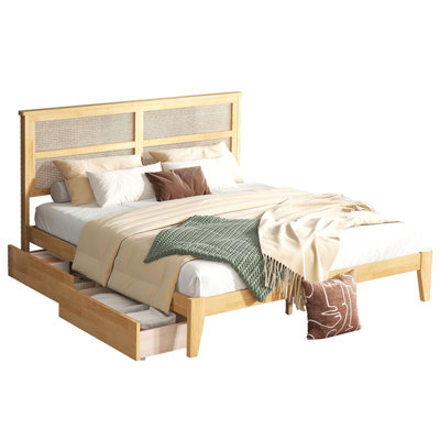 King Size Bed with Rattan Headboard, Two Storage Drawers, Rubber Wood Bed with Enhanced Support Slats and Feet,White Oak