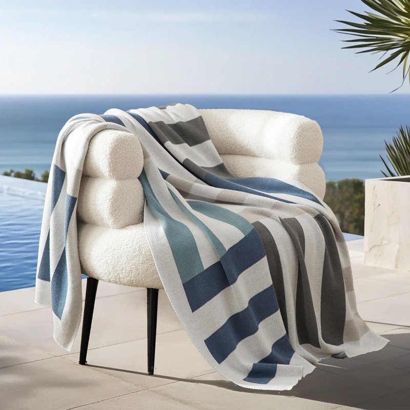 Double Stitch 100% Cotton Soft Knit Throw for Couch Geometric Pattern, Blue Striped, Throw