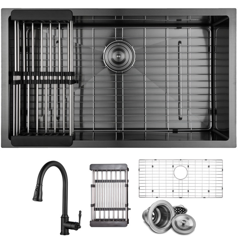 Undermount 32-in x 19-in Gunmetal Matte Black Stainless Steel Single Bowl Kitchen Sink with Faucet, Gooseneck Faucet