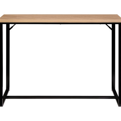 Console de style côtier au design américain moderne, plateau en bois naturel et supports en métal noir, 99 cm x 36 cm, idéale pour ranger les affaires dans une entrée ou un couloir.