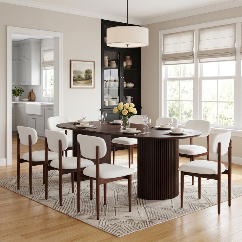 Ensemble de table de salle à manger en bois massif 79 po avec 8 chaises rembourrées Fabirc, White/Walnut, Noyer