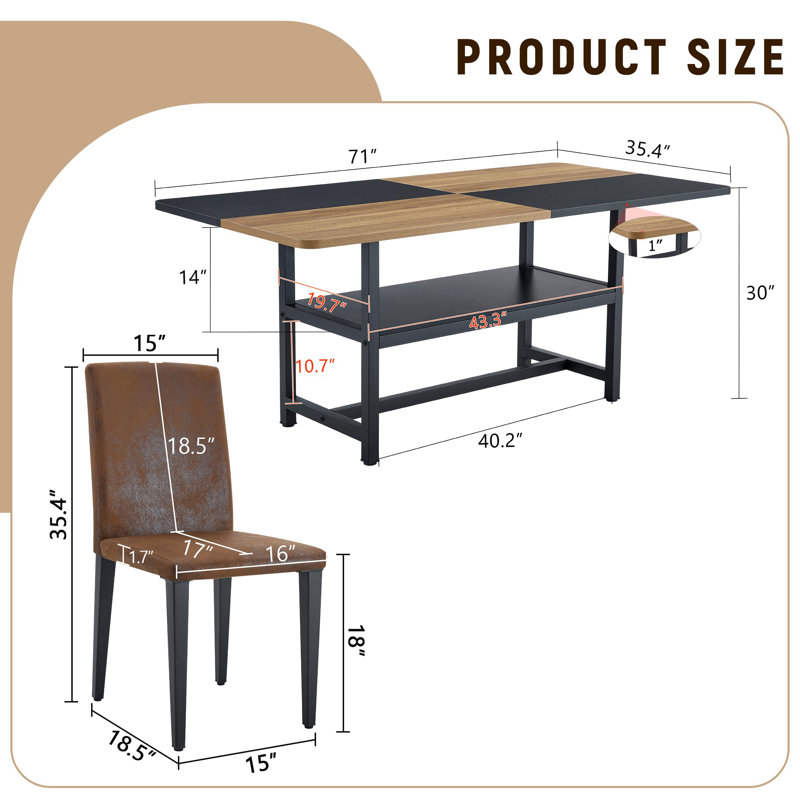 Ensemble de table de salle à manger rectangulaire pour 6 personnes, ensemble de table de salle à manger de style campagnard de 71 po avec 6 chaises rembourrées et tablette de rangement, plateau de table en bois avec structure en métal, fendu noir / bois