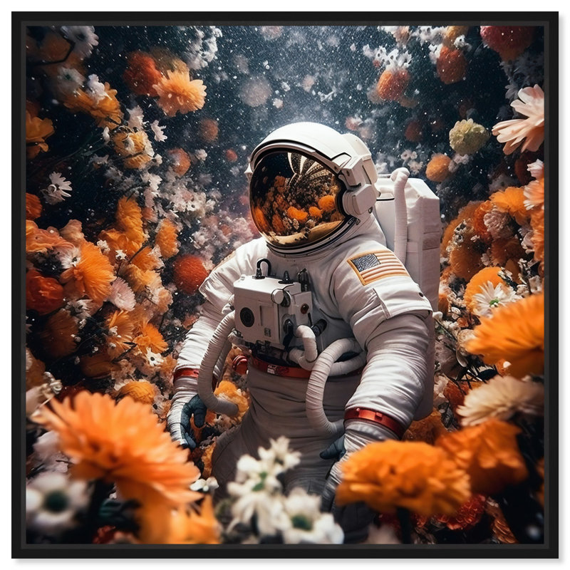 Astronaut in Bloom Orange and White Canvas Print with Black Frame