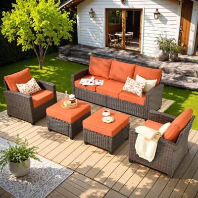 Lou 5 - Person Outdoor Conversation Set, Wicker Patio Sofa & Chair Set with Cushions