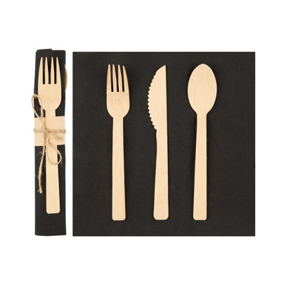 Restaurantware Disposable Cutlery Set 100 Pack of 6.75 Inch Bamboo Sustainable with Black Napkin Flatware Set for Hot and Cold Foods Cutlery Utensils for Events, Catering