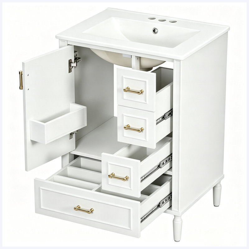 Meuble-lavabo moderne de 24 po avec lavabo en céramique, porte à fermeture douce, 3 tiroirs, poignées dorées et support de rangement