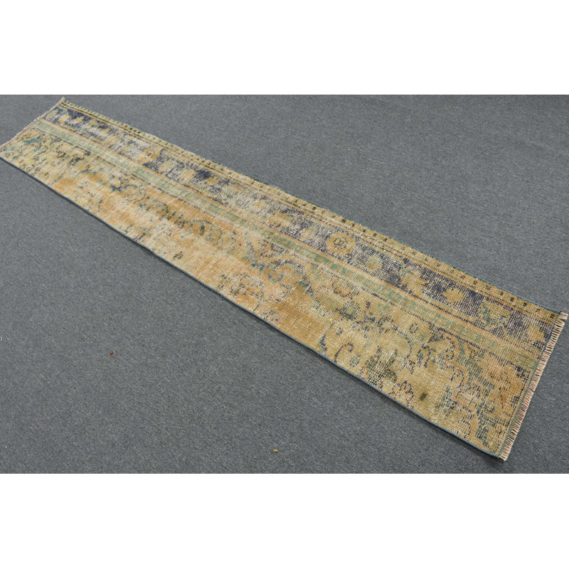 Tapis de couloir Anatolian Tribal Coral: tapis turc Oushak authentique bleu rétro / orange